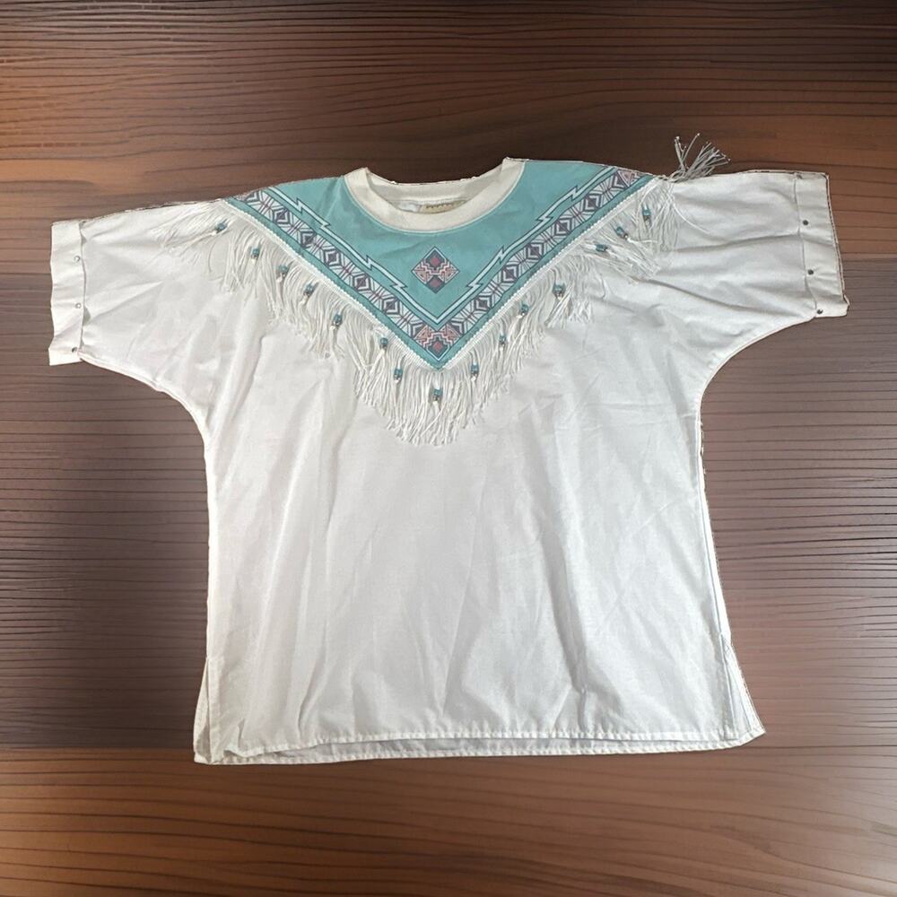 Vtg Hazelwood Southwestern Fringe Tee Shirt Womens Large Cowgirl Beaded Concho L